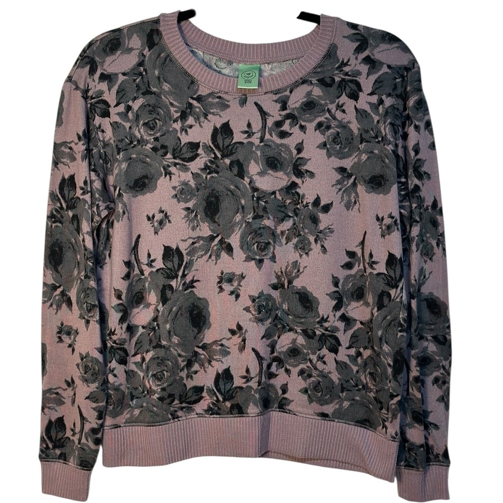 Honeydew Floral Print Sweater Gray Pink Top Relaxed Fit Long Sleeve Crew Neck S